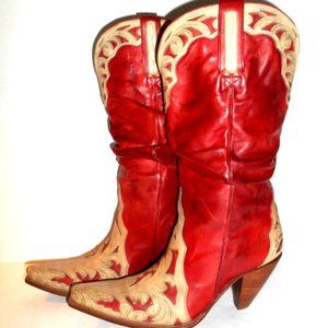 9.5 B Lucchese Charlie 1 Horse Tooled Overlay Red & Cream Tall High Heel Boots